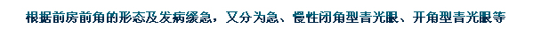 根據(jù)前房前角的形態(tài)及發(fā)病緩急，又分為急、慢性閉角型青光眼、開角型青光眼等。